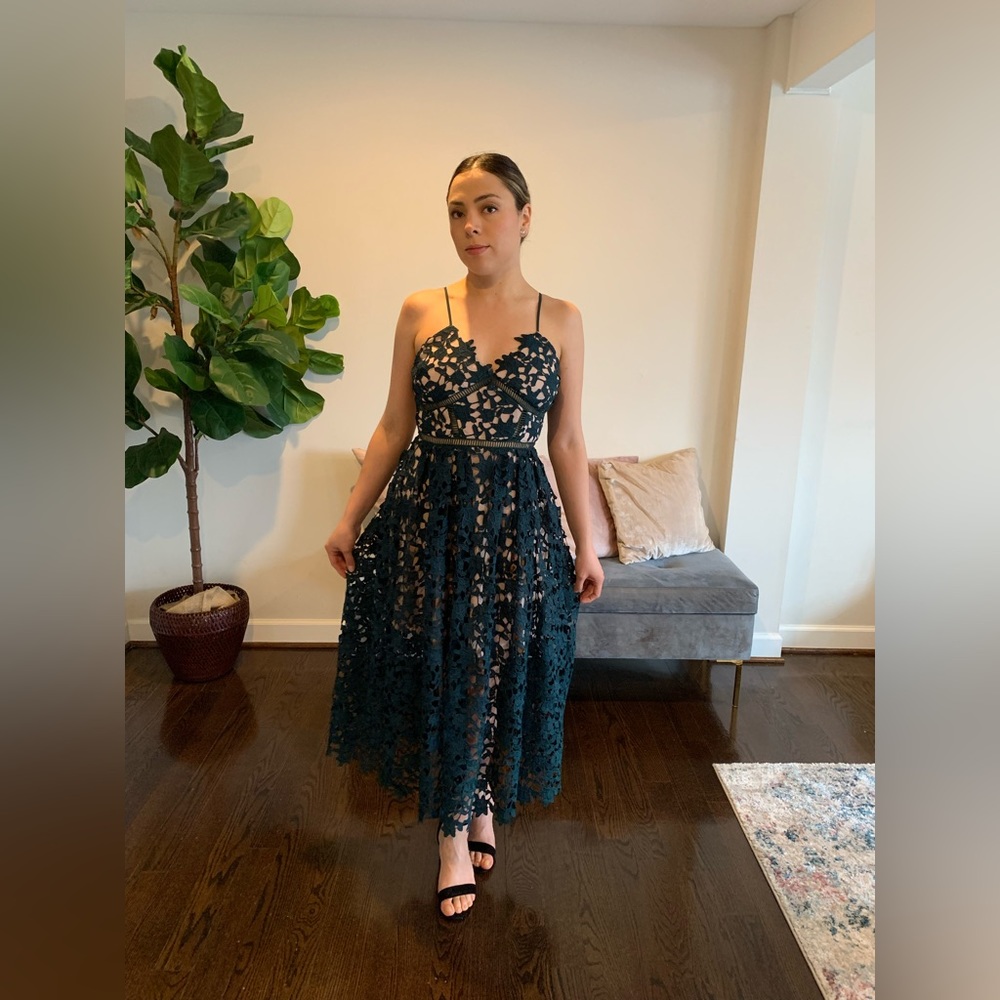 Dark green floral lace midi dress
